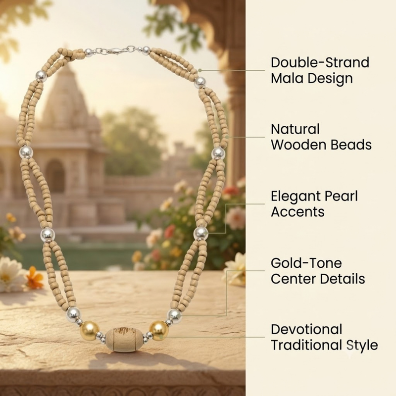 Silver 925 Pure Tulsi Kanti Mala with Pearl, Beads with Gold Tone Double Strand Mala
