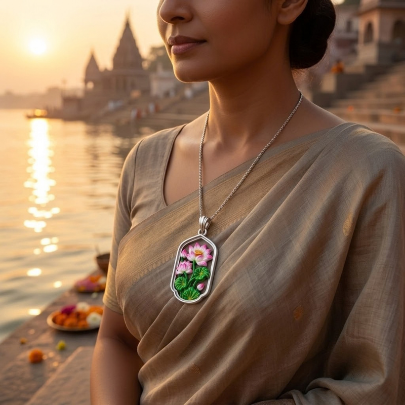 Pure Silver 925 Lotus Earring Set Pendent