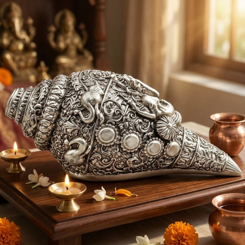 Antique Silver-Plated Shankh Conch (5 Inch)