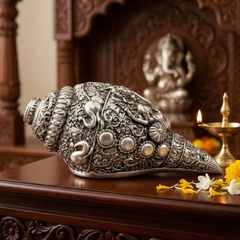 Antique Silver-Plated Shankh Conch (5 Inch)