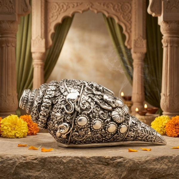 Antique Silver-Plated Shankh Conch (5 Inch)