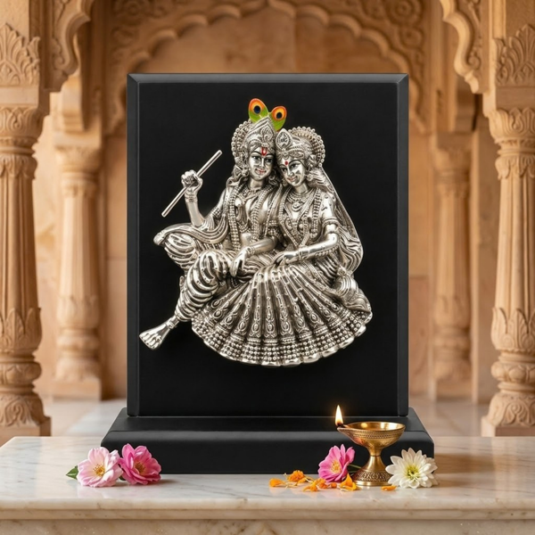 Silver-Plated Radha Krishna Idol with MDF Base