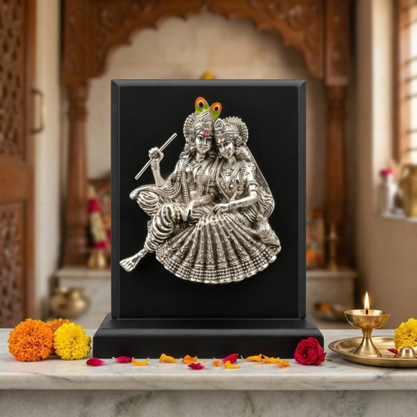 Silver-Plated Radha Krishna Idol with MDF Base
