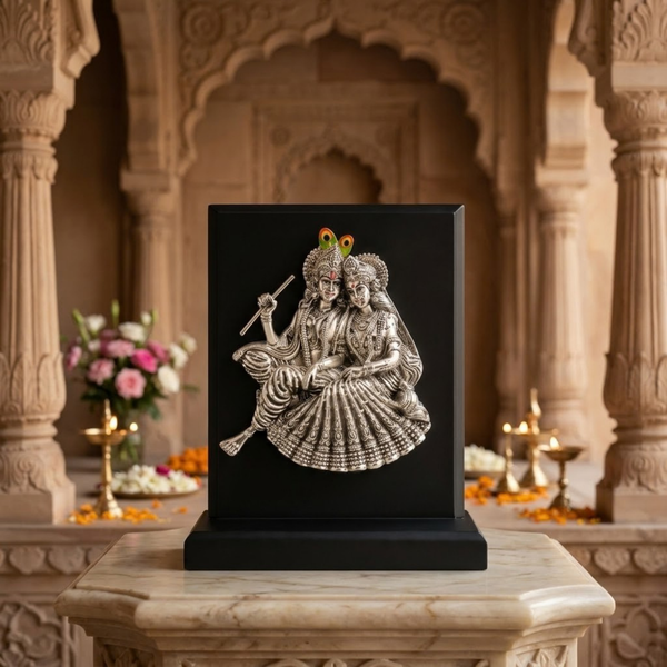 Silver-Plated Radha Krishna Idol with MDF Base