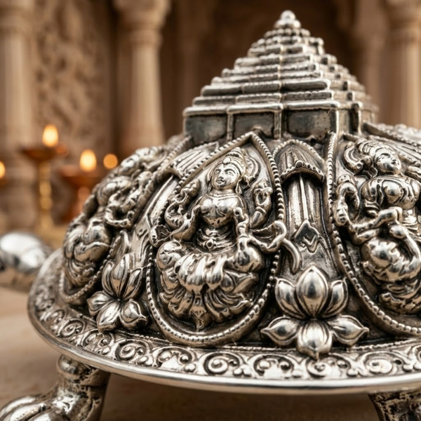 Silver-Plated Ashtalakshmi Tortoise Idol (3.5 Inch)