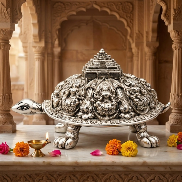 Silver-Plated Ashtalakshmi Tortoise Idol (3.5 Inch)