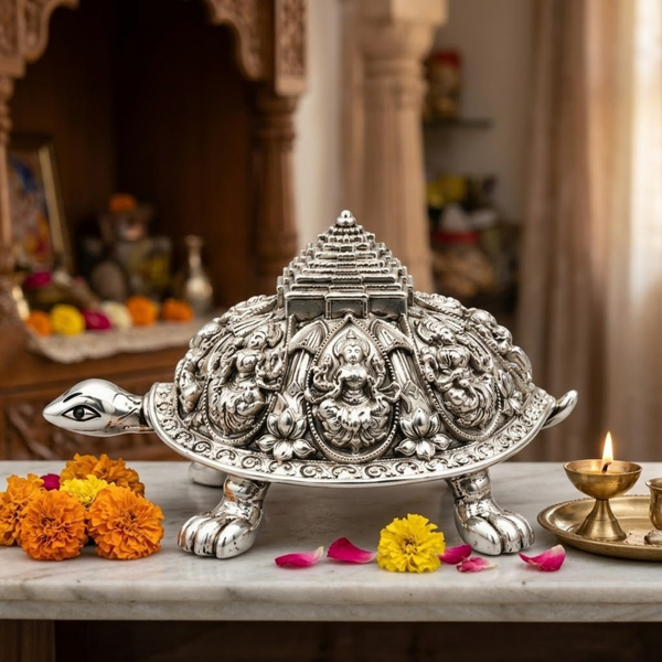 Silver-Plated Ashtalakshmi Tortoise Idol (3.5 Inch)
