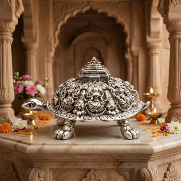 Silver-Plated Ashtalakshmi Tortoise Idol (3.5 Inch)