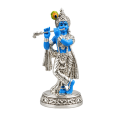Flute Playing Krishna Silver-Plated Idol (4.5 Inch)