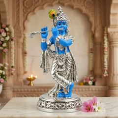 Flute Playing Krishna Silver-Plated Idol (4.5 Inch)