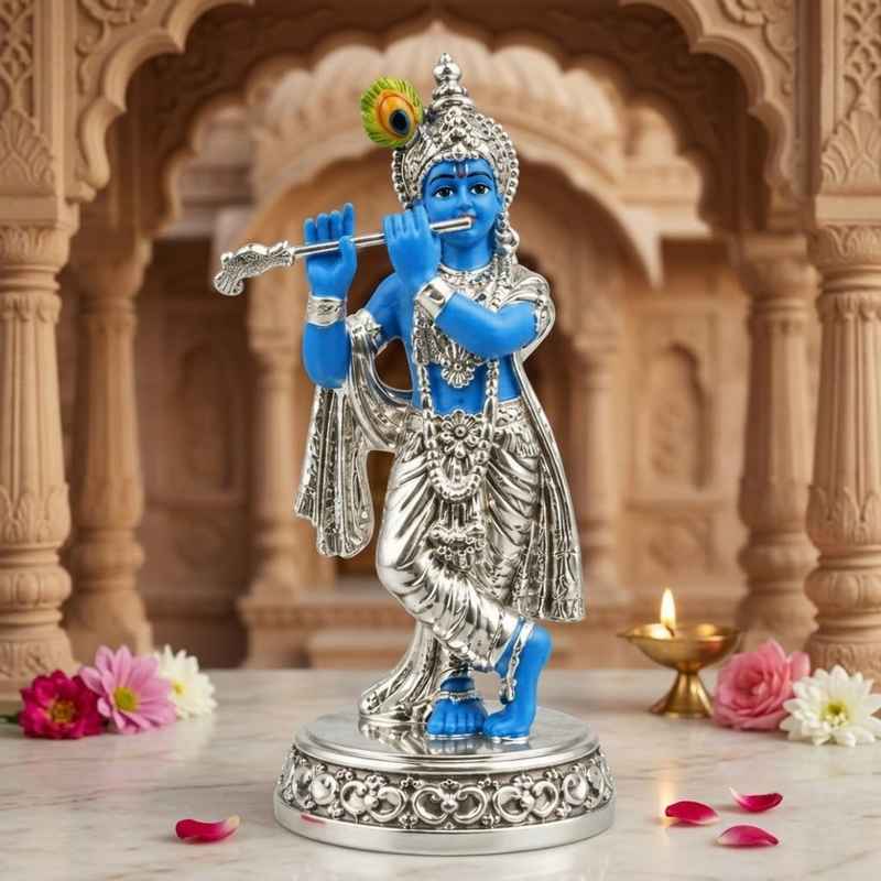 Flute Playing Krishna Silver-Plated Idol (4.5 Inch)