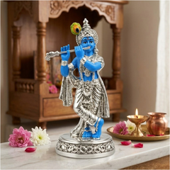 Flute Playing Krishna Silver-Plated Idol (4.5 Inch)