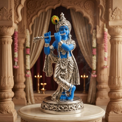 Flute Playing Krishna Silver-Plated Idol (4.5 Inch)