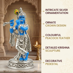 Flute Playing Krishna Silver-Plated Idol (4.5 Inch)