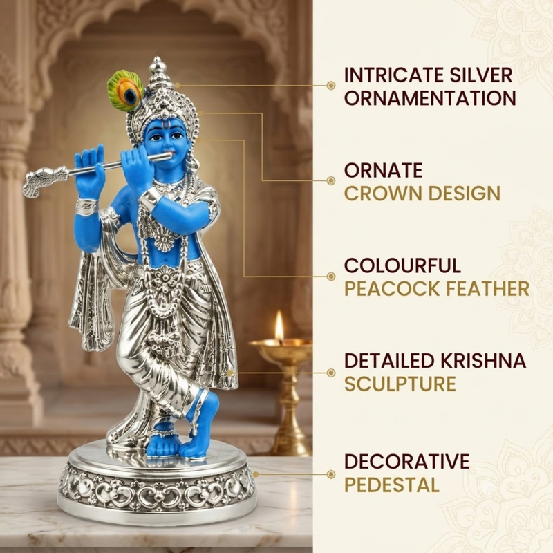 Flute Playing Krishna Silver-Plated Idol (4.5 Inch)