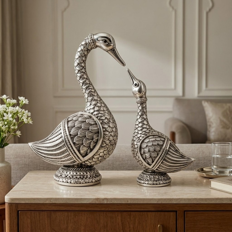 Silver-Plated Swan Pair Decorative Idol