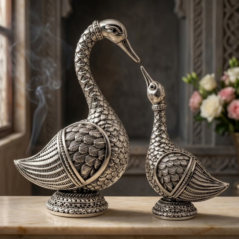 Silver-Plated Swan Pair Decorative Idol