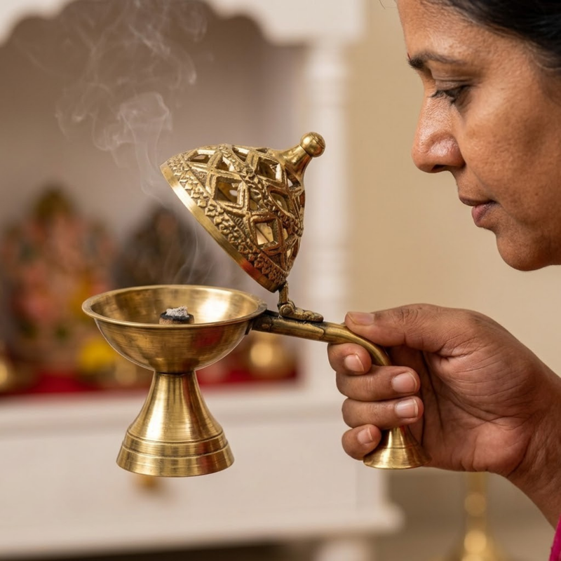 BRASS HANDLE DHUNI ARTI WITH TOP COVER