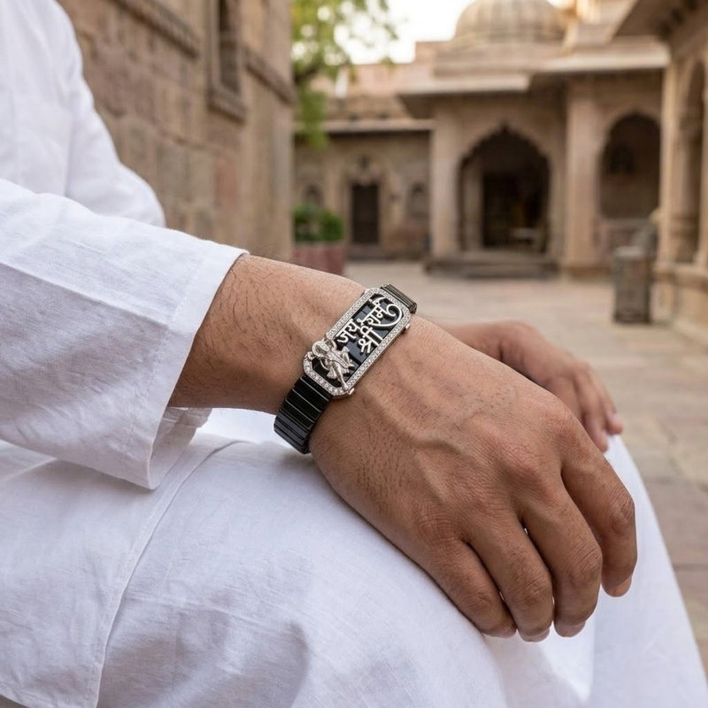 Silver Jai Shree Ram Black Ceramic Bracelet