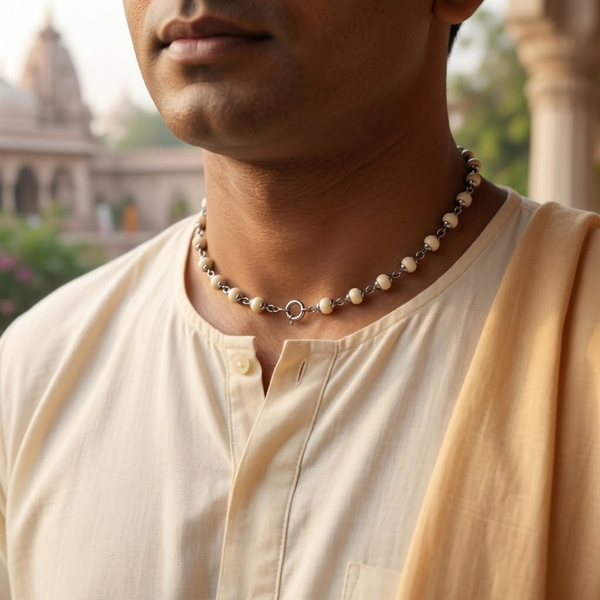 Silver 925 Pure Tulsi Kanti Mala Large Bead with Cap