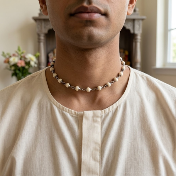 Silver 925 Pure Tulsi Kanti Mala Large Bead with Cap
