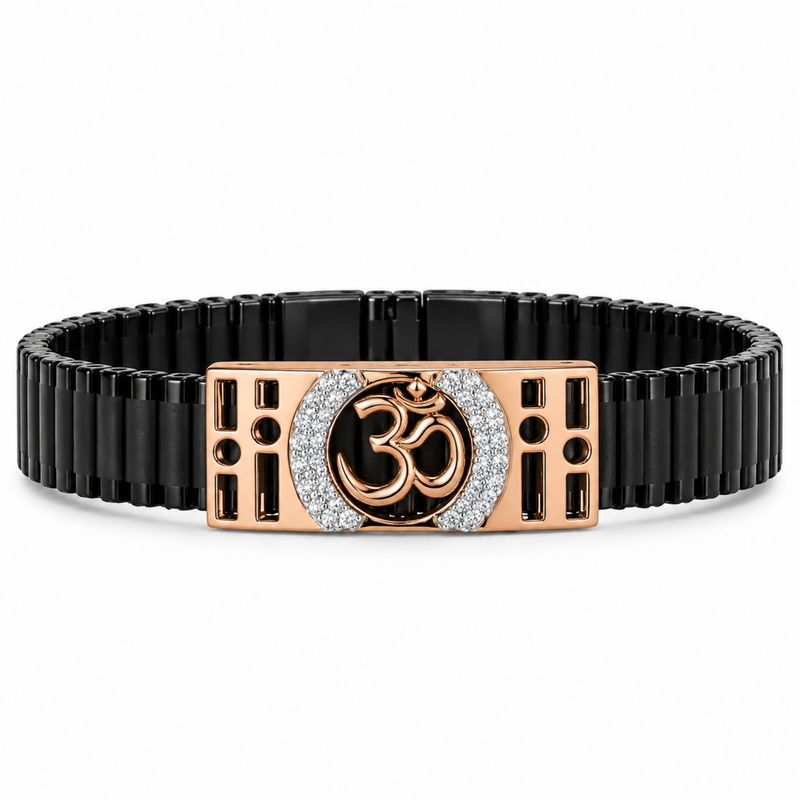 Silver Black Ceramic Om Bracelet