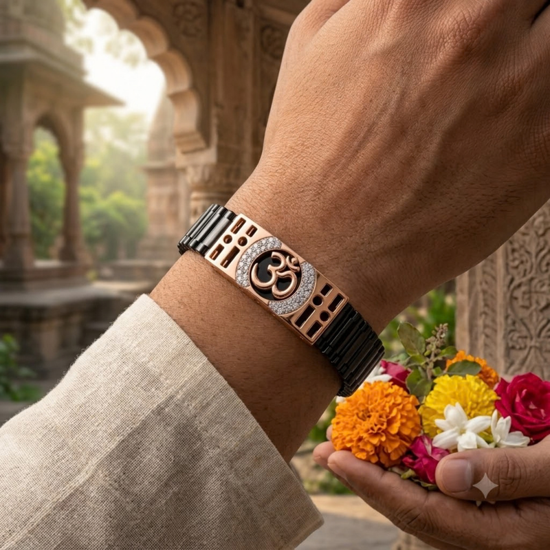 Silver Black Ceramic Om Bracelet