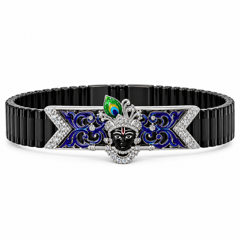 Silver Shri Krishna with Morpankha Band Bracelet