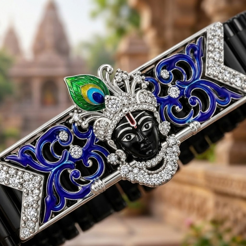 Silver Shri Krishna with Morpankha Band Bracelet
