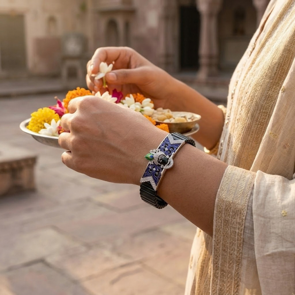 Silver Shri Krishna with Morpankha Band Bracelet