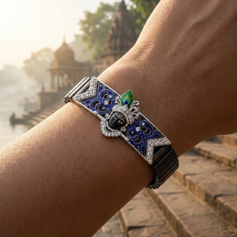 Silver Shri Krishna with Morpankha Band Bracelet