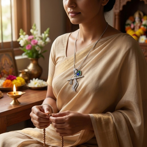 Pure Silver 925 Bansuri with Mor Pankha Pendent