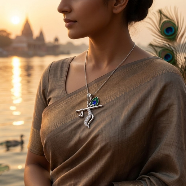 Pure Silver 925 Bansuri with Mor Pankha Pendent