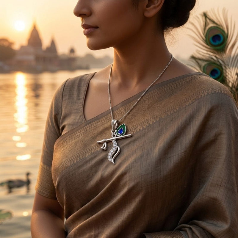 Pure Silver 925 Bansuri with Mor Pankha Pendent