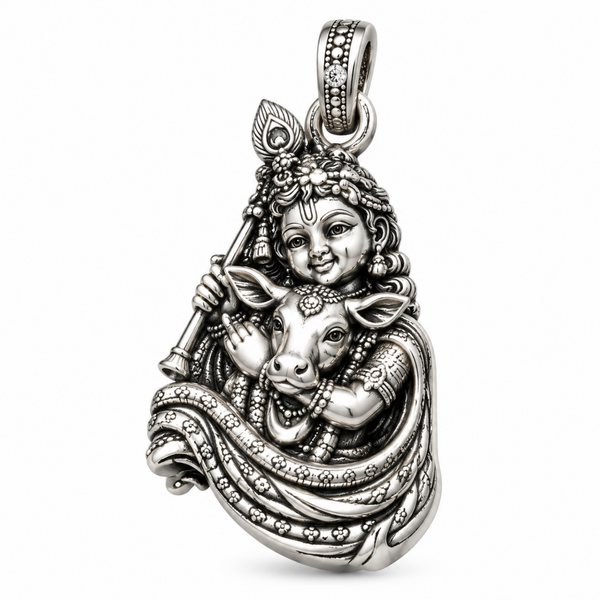 Pure Silver 925 Bal Gopal with Cow Pendant