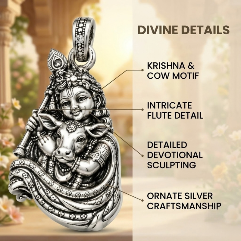 Pure Silver 925 Bal Gopal with Cow Pendant
