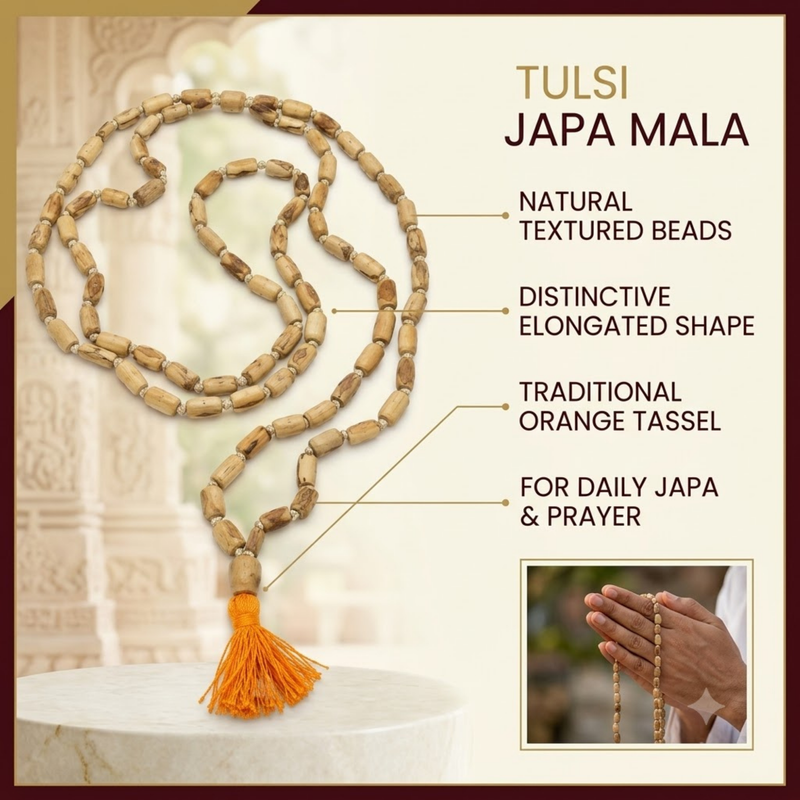 100% Pure Vrindavan Certified Tulsi Japa Mala - Cylindrical Big Dana 108 Beads - Smaller to Bigger Size