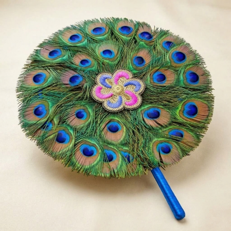 Double Side Peacock Feather Fan 12 Inch
