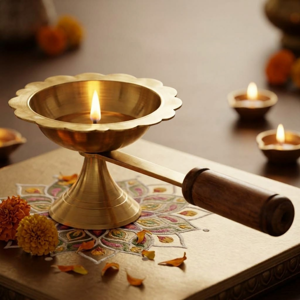 Brass Dhoona Aarti with Wooden Handle No. 4