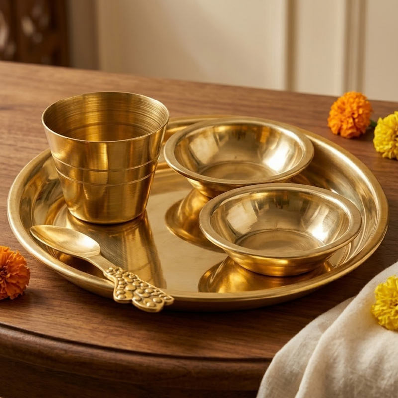 Brass Bhog Offering Set With 2 Bowls