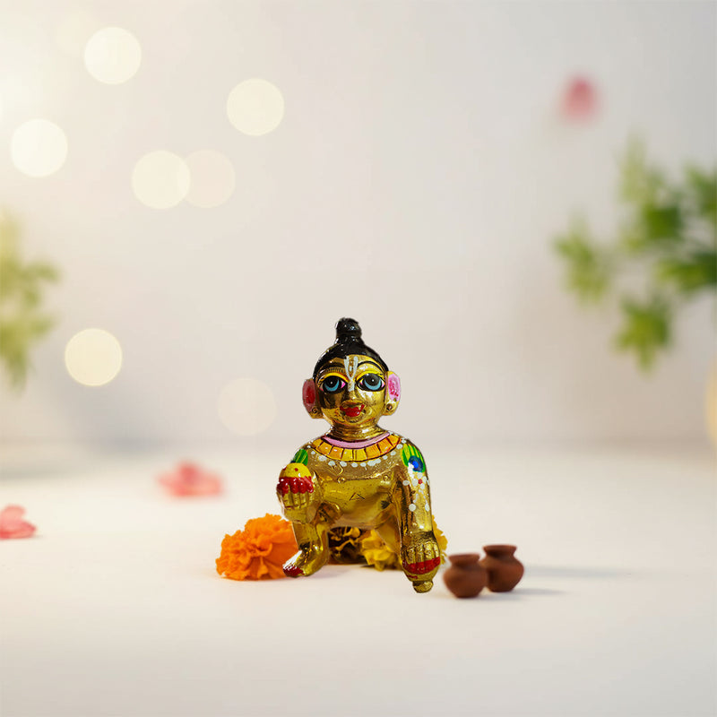 Brass Laddu Gopal Idol Vibrant Hand Painted Size No 6