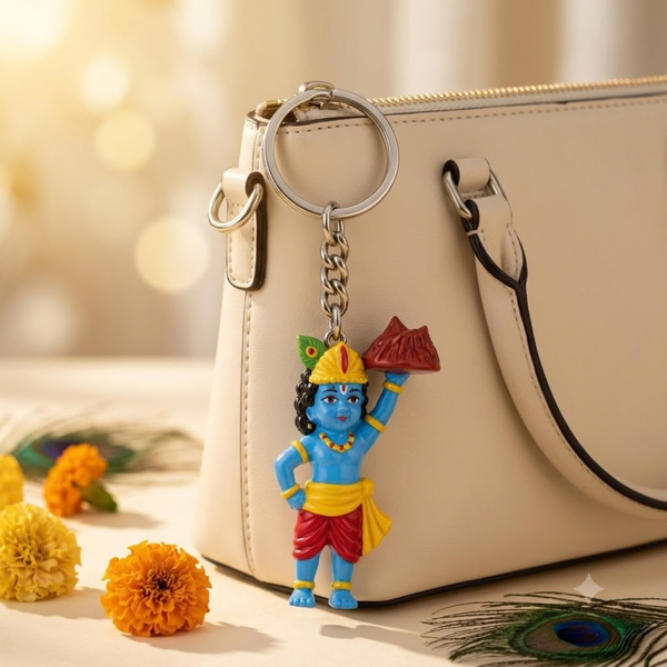 Sri Krishna Holding Govardhan Mountain Figurine Keychain