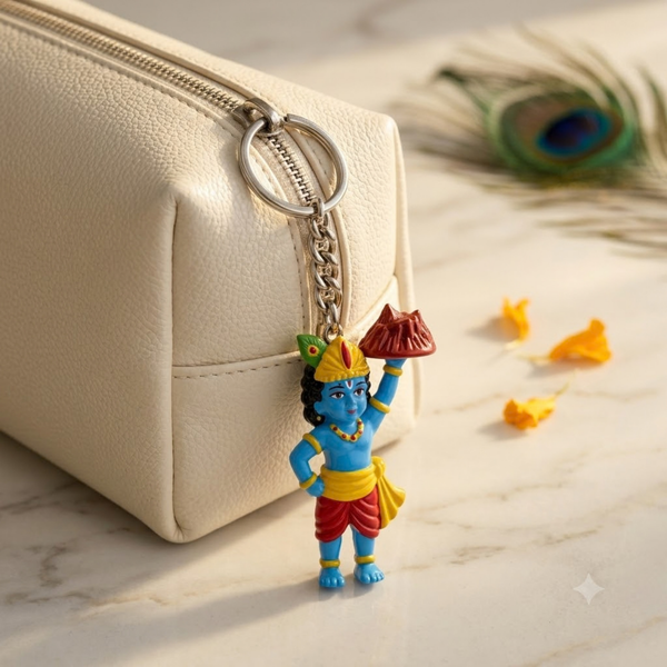 Sri Krishna Holding Govardhan Mountain Figurine Keychain