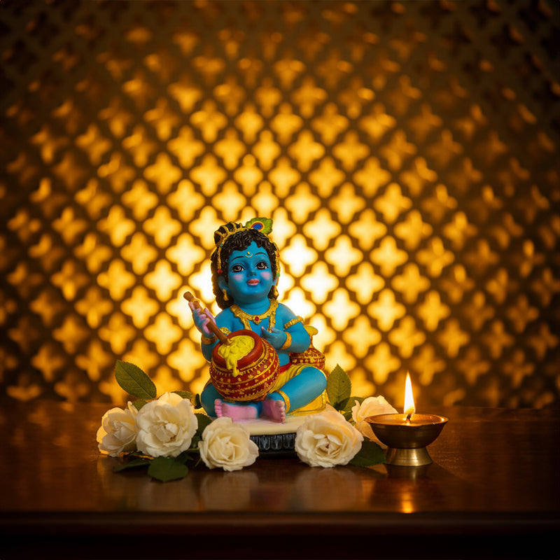 Polyresin Makhan Chor Laddu Gopal Idol with Flute and Pot Size No 2