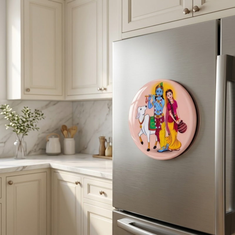 Radha Krishna Cream Metal Fridge Magnet