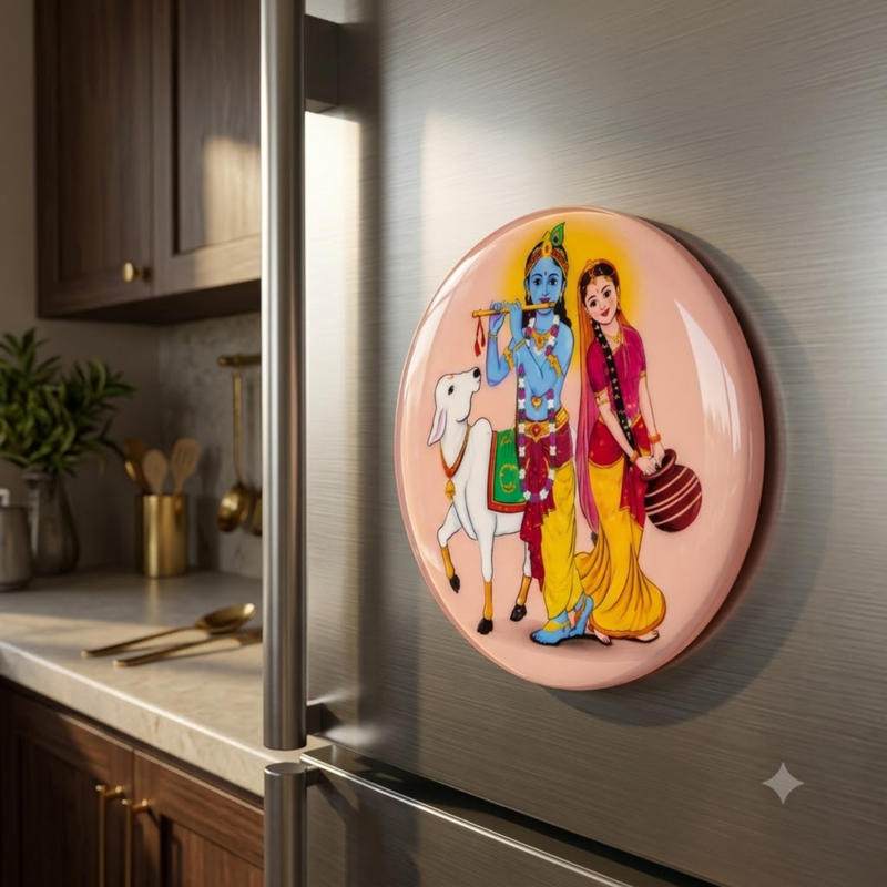 Radha Krishna Cream Metal Fridge Magnet