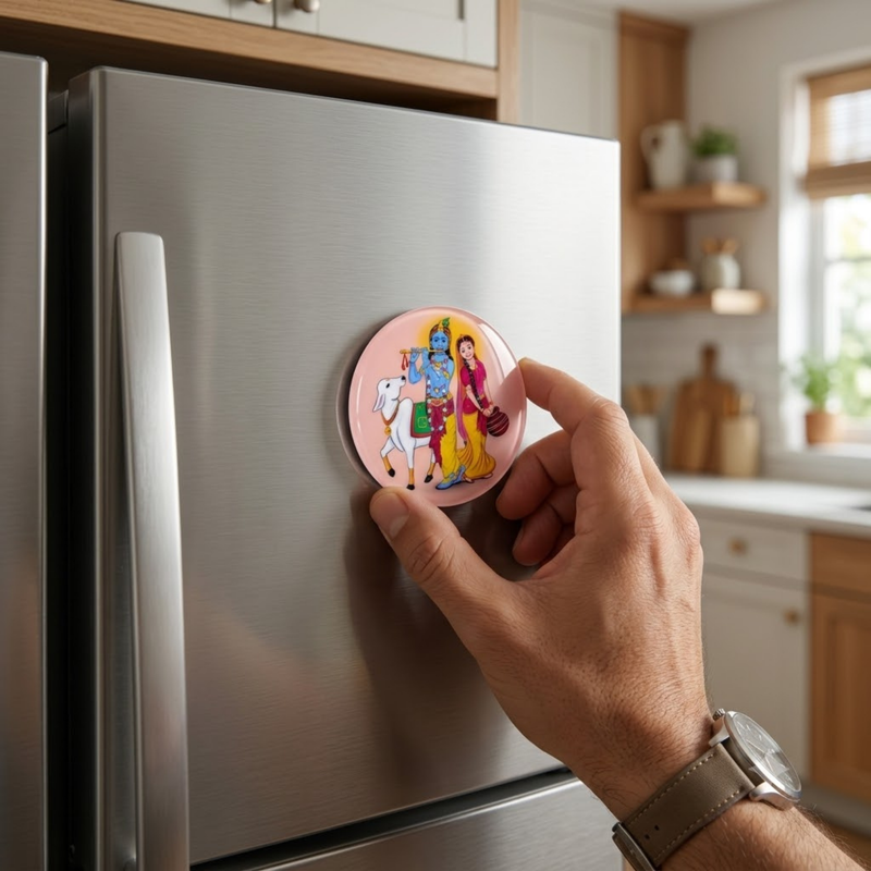 Radha Krishna Cream Metal Fridge Magnet