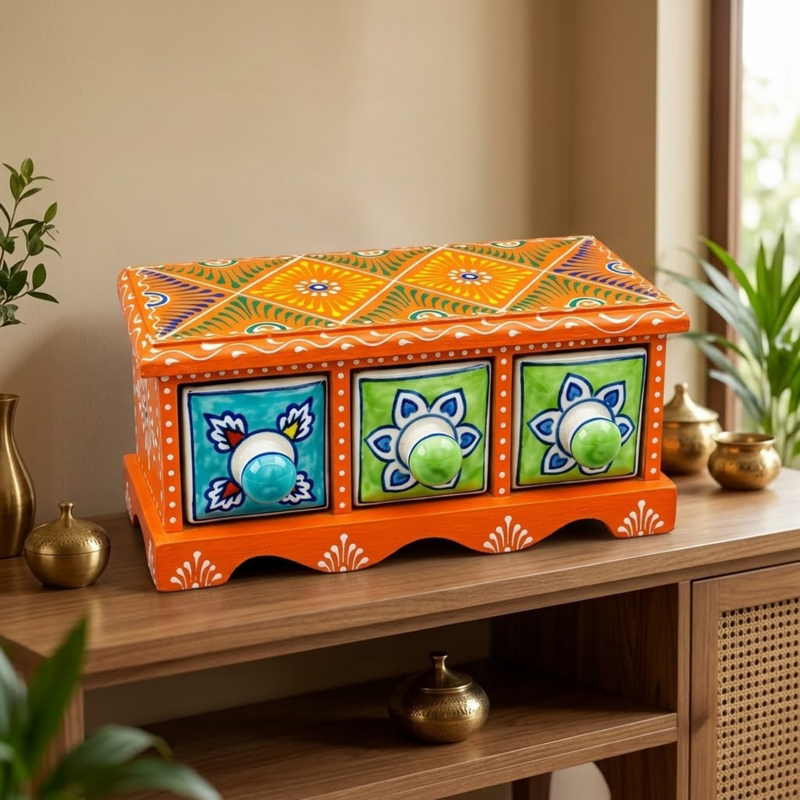 Handcrafted Wooden 3 Drawer Storage Box