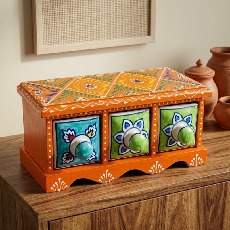 Handcrafted Wooden 3 Drawer Storage Box