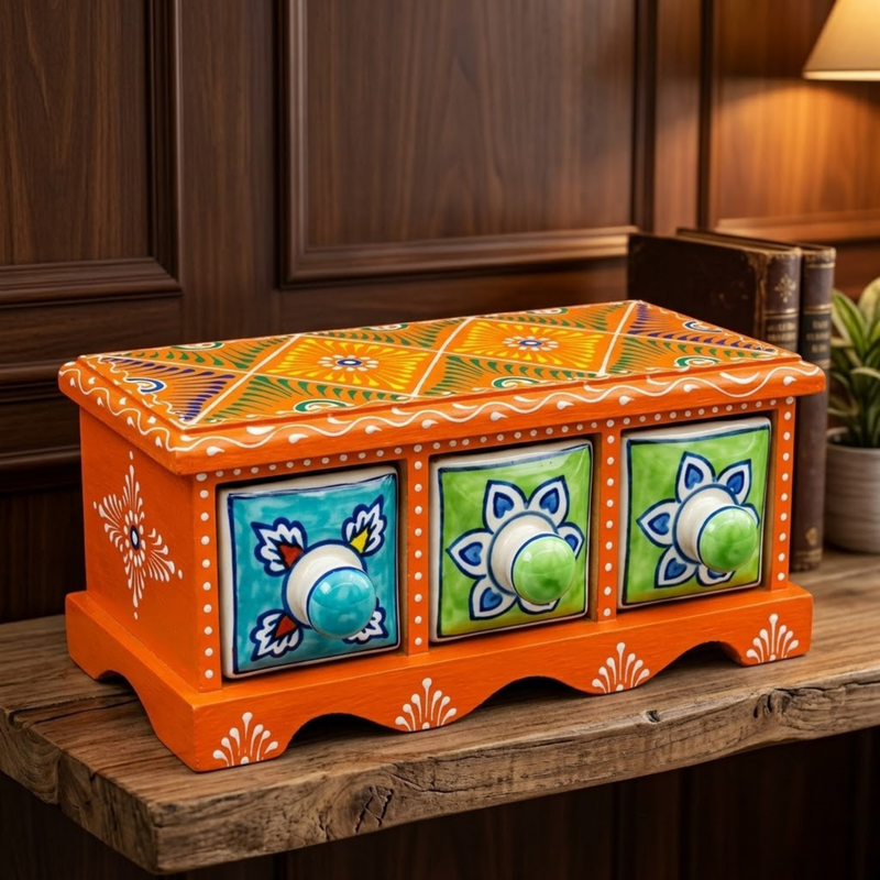 Handcrafted Wooden 3 Drawer Storage Box